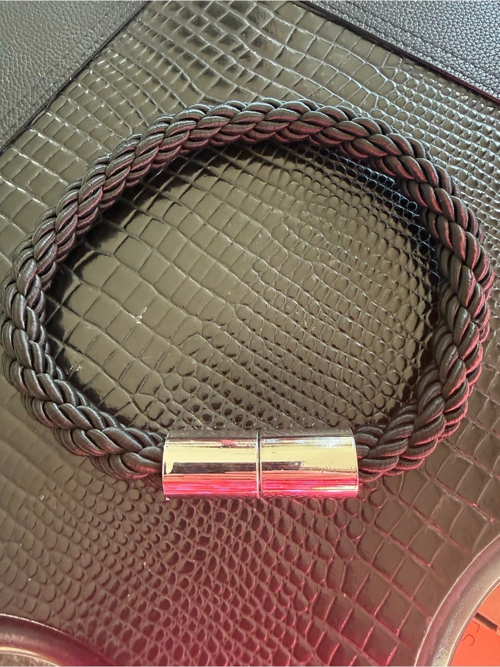 Braided Black Leather Necklace with Silver Magnetic Clasp